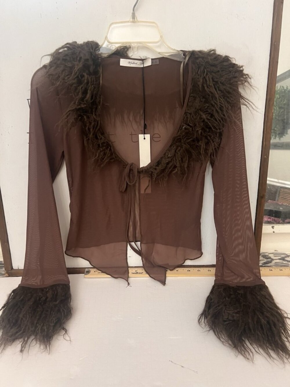 Y2K Whimsigoth Sheer Mesh Trim Blouse Chocolate Brown Tie Front Top S.      T